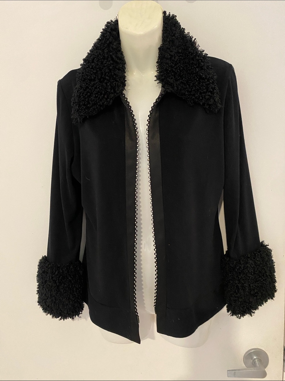 Joseph Ribkoff Black  Cardigan w Teddy-Collar & Cuffs w Rhinestone Trim Size 10